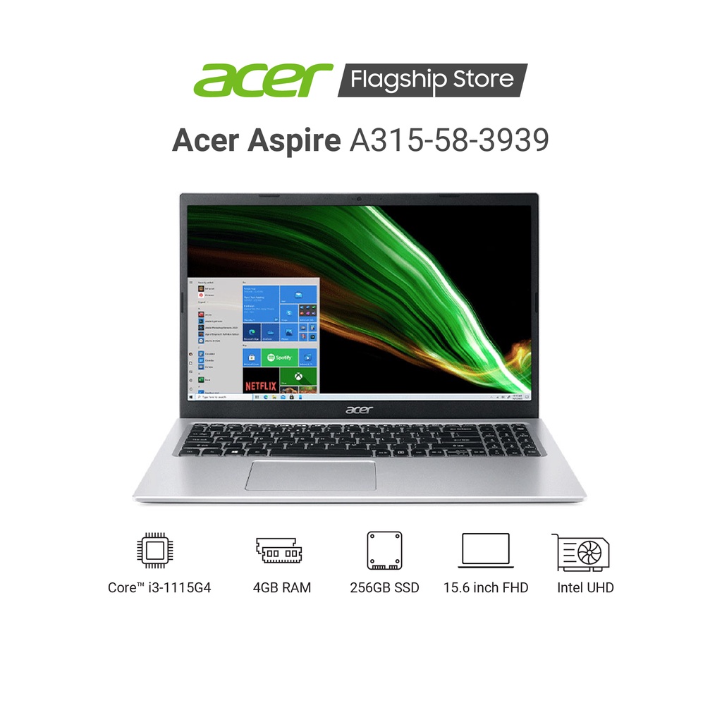 Laptop Acer Aspire A315-58-3939 i3-1115G4 | 4GB RAM | 256GB SSD | 15.6 FHD | BẠC