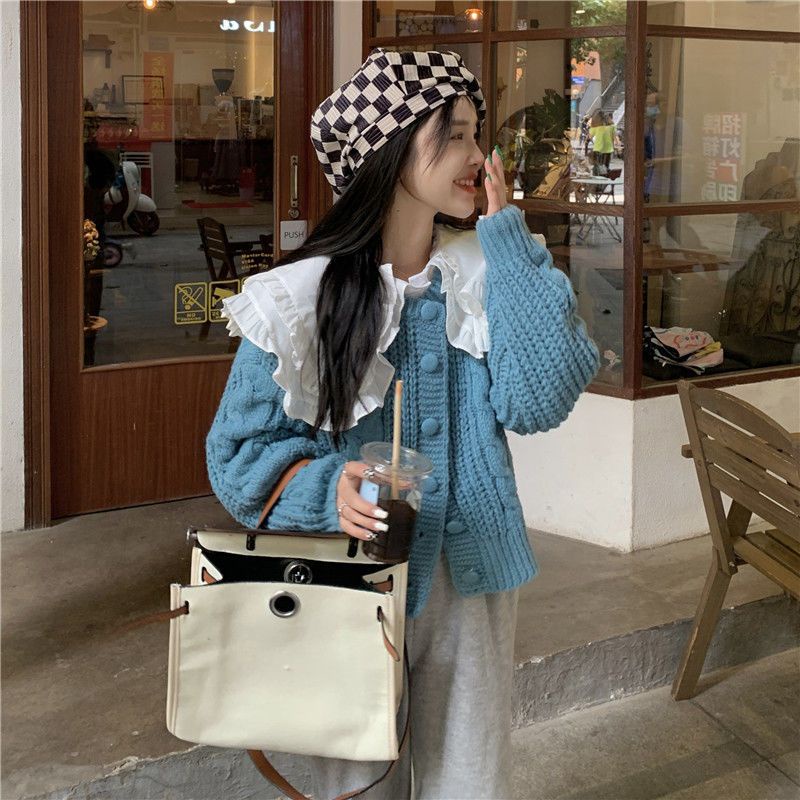 Set Áo Sơ Mi Cổ Pháp Kèm Áo Khoác Len Cardigan Phong Cách Retro ❤️