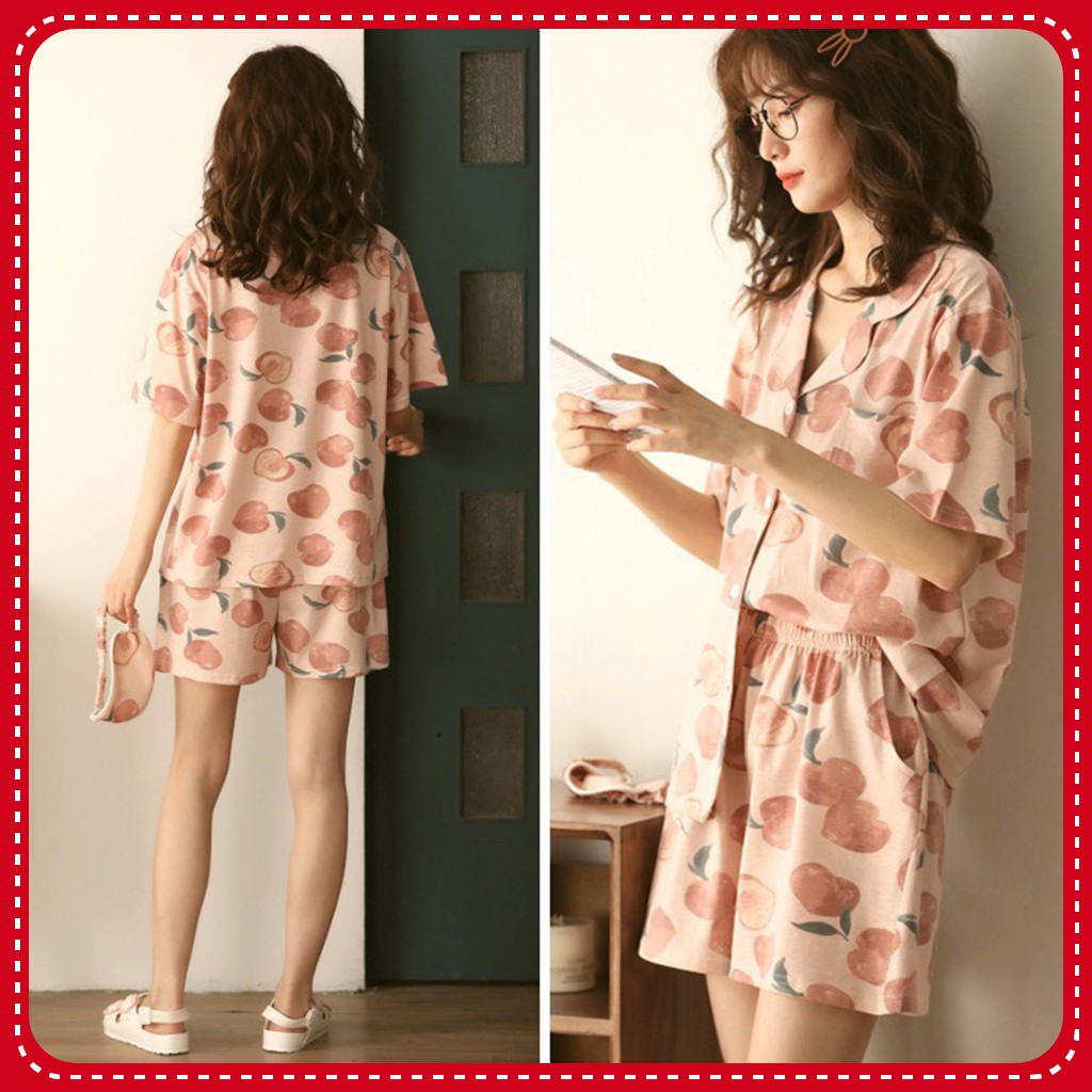 Đồ Ngủ Pijama Ngắn Tay, Bộ Ngủ Họa Tiết Trái Đào, Dâu tây Cute Ulzzang Hot Trend