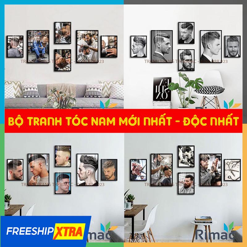 Bộ 6 tranh fomex- Tranh SALON TÓC NAM dán tường có keo đi kèm