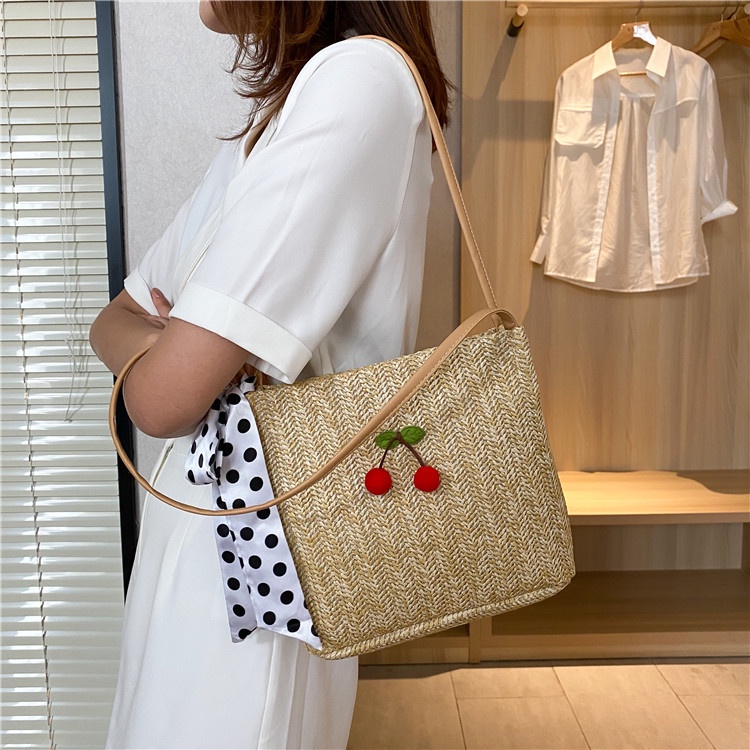 Túi Cói Đẹp Đeo Vai Thời Trang Đi Biển, Đi Du Lịch ( mẫu Cherry)