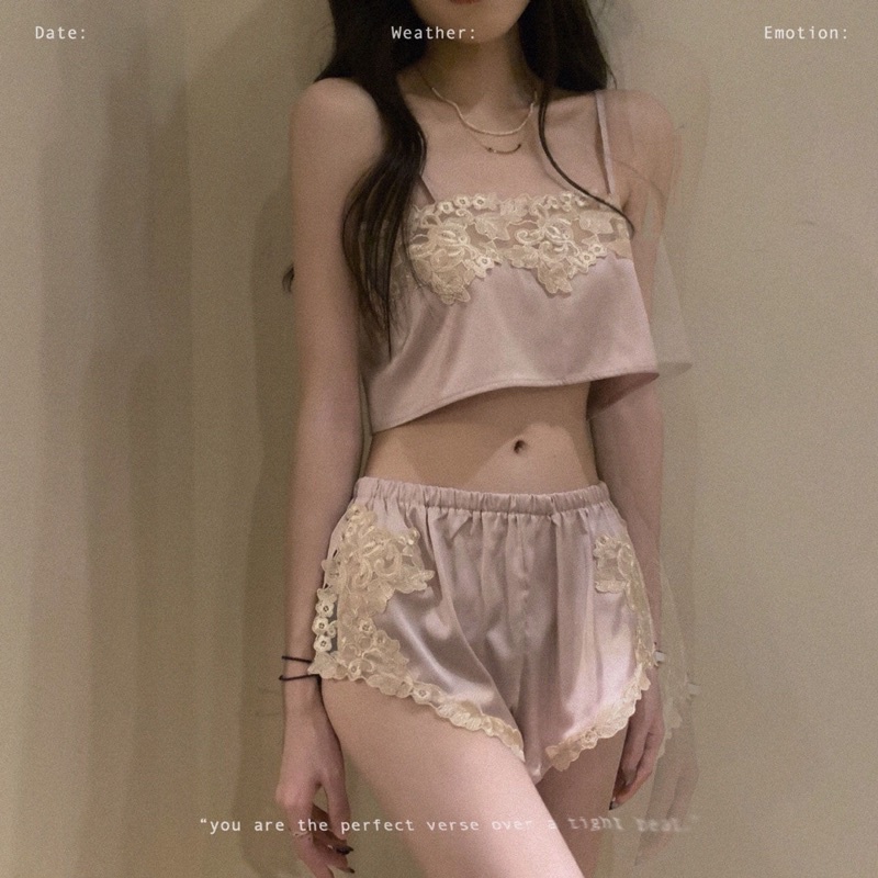 Bộ ngủ 2 dây phối viền hoa, Bộ mặc ở nhà sexy gợi cảm