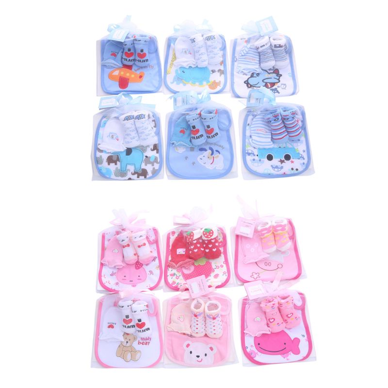 Bộ Găng Tay + Vớ Yếm Ăn Bằng Cotton Mềm Chống Trầy Xước In Họa Tiết Hoạt Hình Dễ Thương Cho Bé