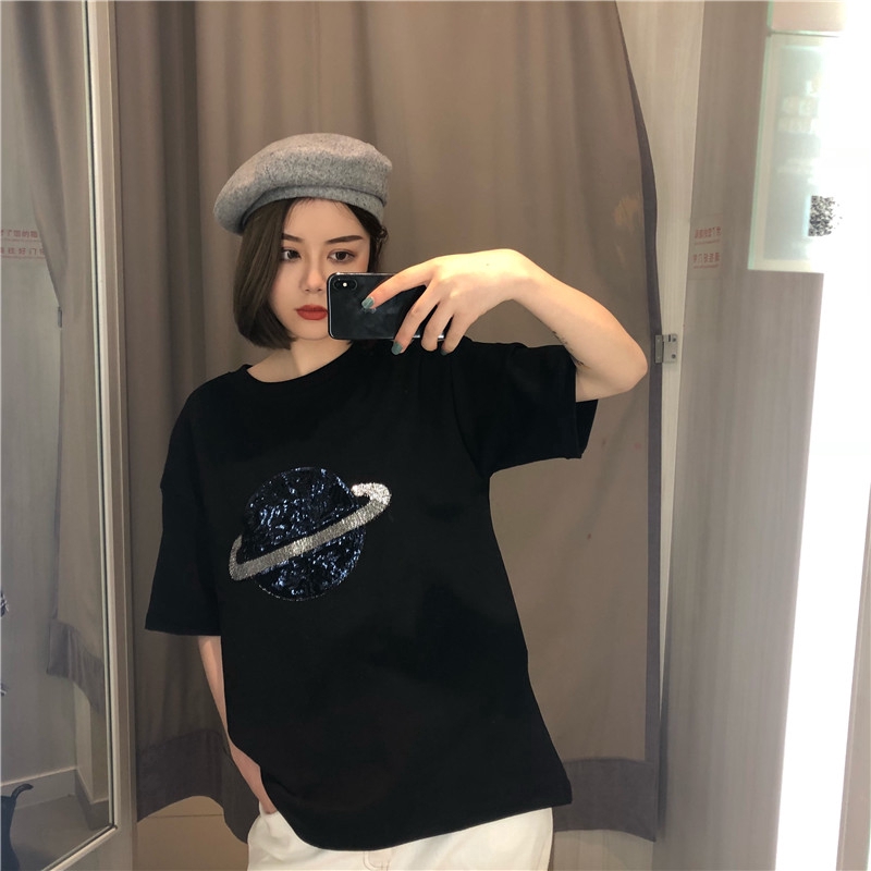 IELGY    Áo Thun Tay Ngắn Dáng Rộng Phong Cách Hong Kong Thời Trang Cho Nữ