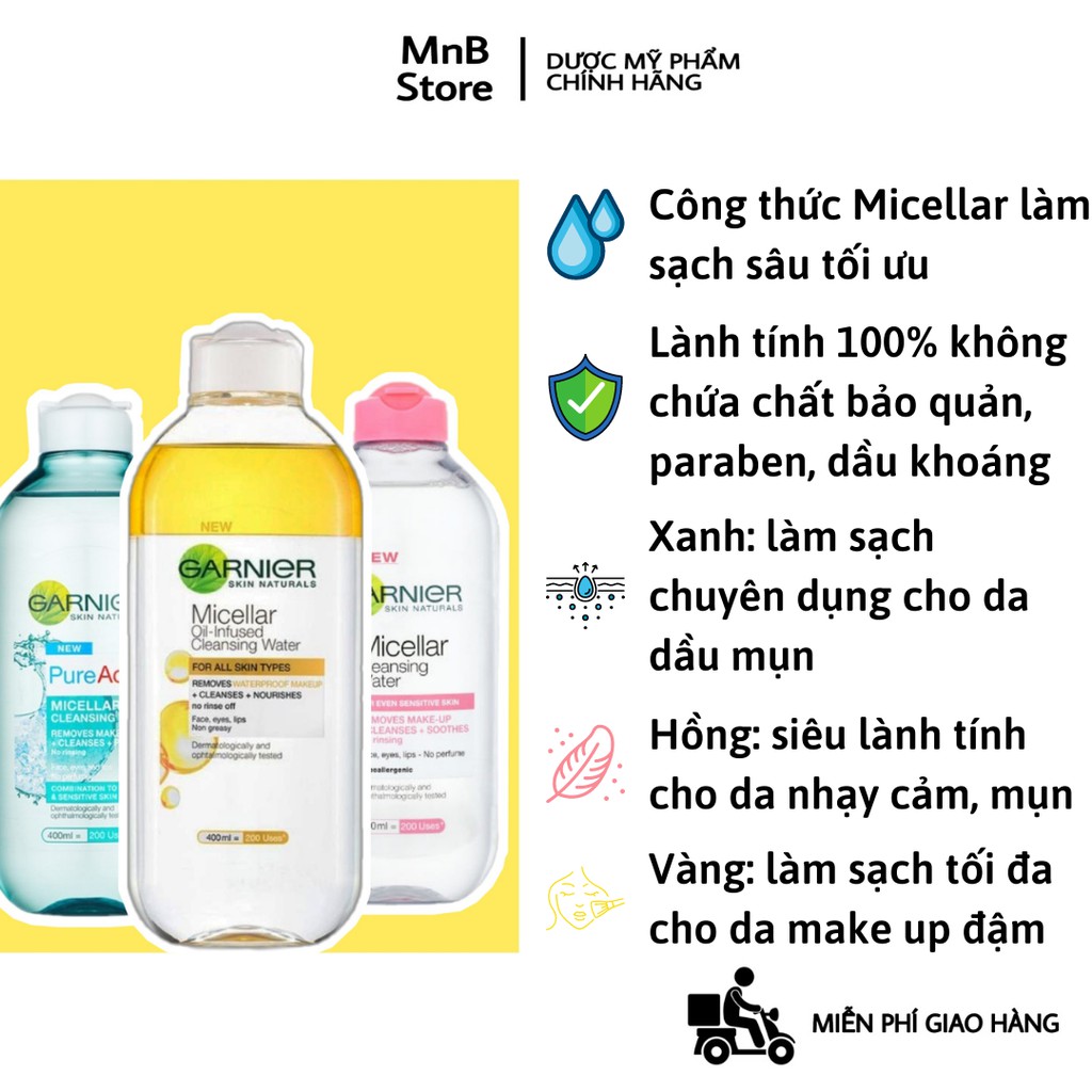 Nước tẩy trang Garnier Skinactive Micellar Water cho da dầu mụn, da khô, da nhạy cảm 400ml - MnB Store