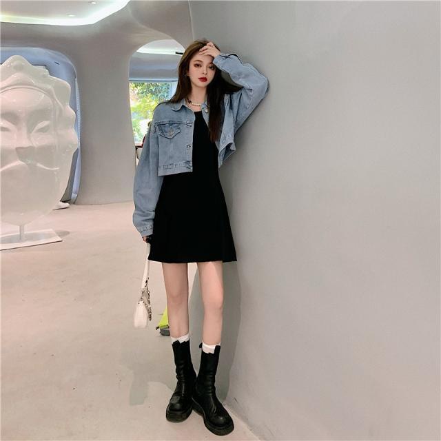 Áo khoác bò jean denim xanh dáng ngắn croptop phong cách Hàn Quốc