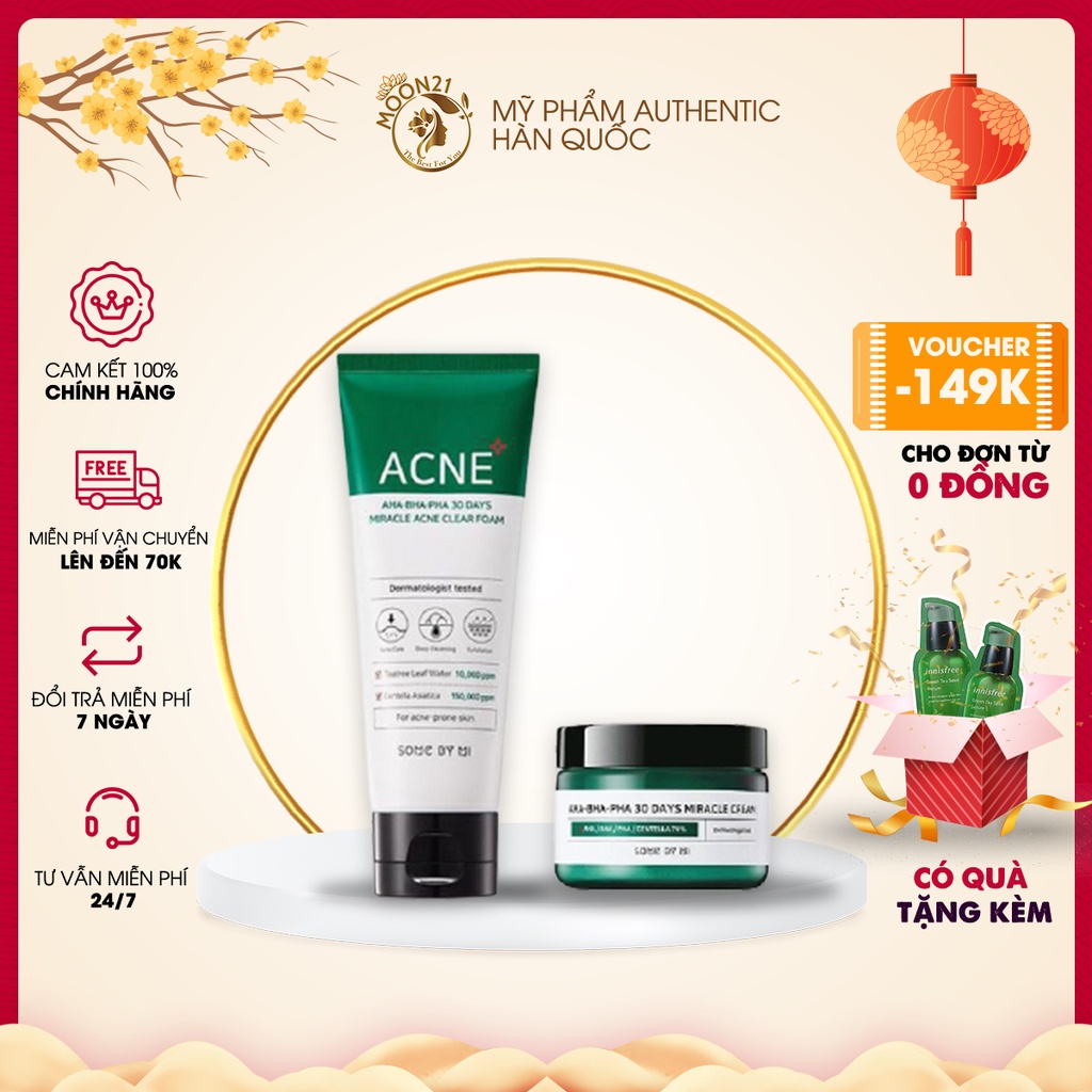 Combo Sữa Rửa Mặt Sạch Sâu và Kem Dưỡng Giảm Mụn SOME BY MI AHA-BHA-PHA 30 DAYS Miracle Chính Hãng HÀN QUỐC