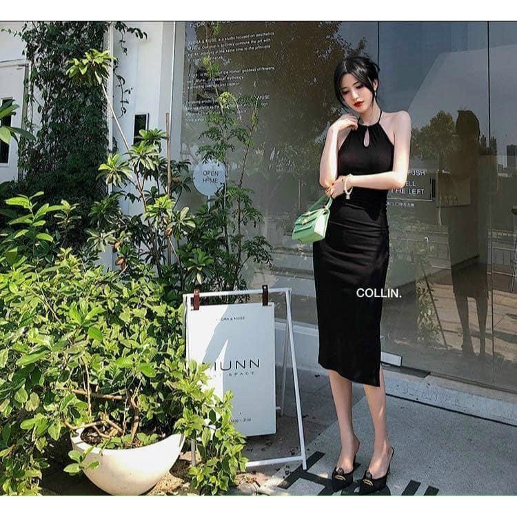 [8.8 Sales Freeship] Đầm thun đen ôm body, đầm thun cổ yếm khoét ngực hở lưng dáng dài sexy, cực tôn dáng