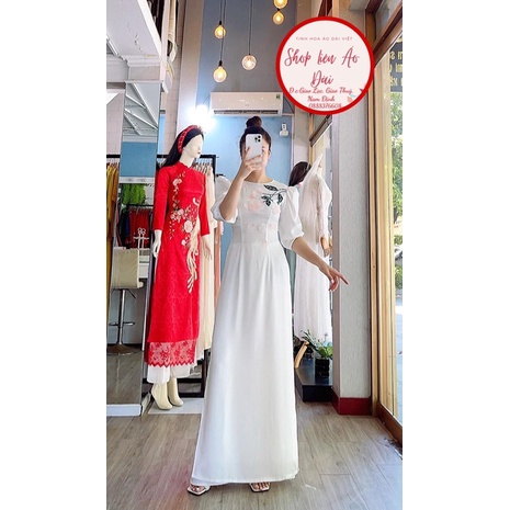 Áo dài trắng thiết kế đính kết hoa ,cổ tròn, tay lỡ, chất vải lụa tơ mềm mại 2 tà