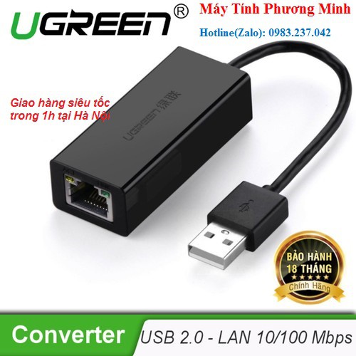 Cáp chuyển USB sang Lan 2.0 Ugreen 20254 tốc độ 10/100Mbps - Hàng chính hãng bảo hành 18 tháng