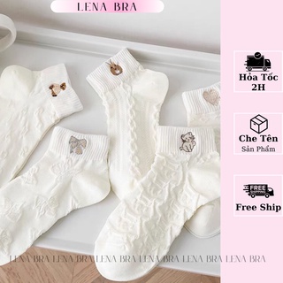 Tất LENABRA, đôi vớ nữ siêu dễ thương cổ thấp tông trắng hình gấu