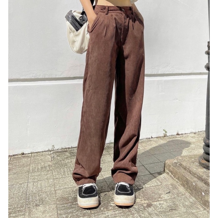 quần nhung tăm dày dặn ống rộng unisex có cạp chun sau phong cách hàn