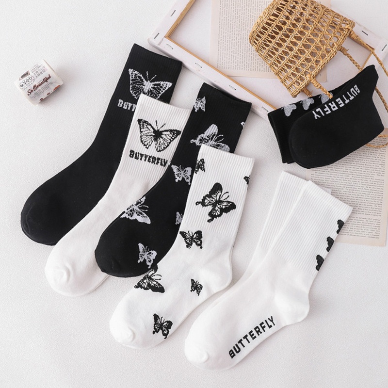 Vớ cotton cổ cao in hình bướm trắng đen phong cách Harajuku Nhật Bản cho nữ