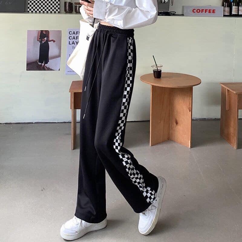 Quần jogger unisex ống suông phối viền caro kẻ sọc phong cách hàn quốc