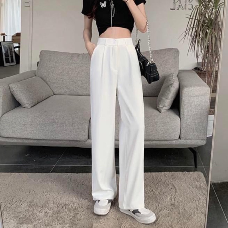 Quần tây baggy dài nữ ống suông dài lưng cao trơn lụa dày dặn cao cấp - Order taobao quảng châu