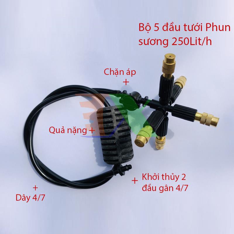 Bộ béc tưới treo 5 đầu tưới phun sương bằng đồng (250Lit/h) + khởi thủy 4/7mm