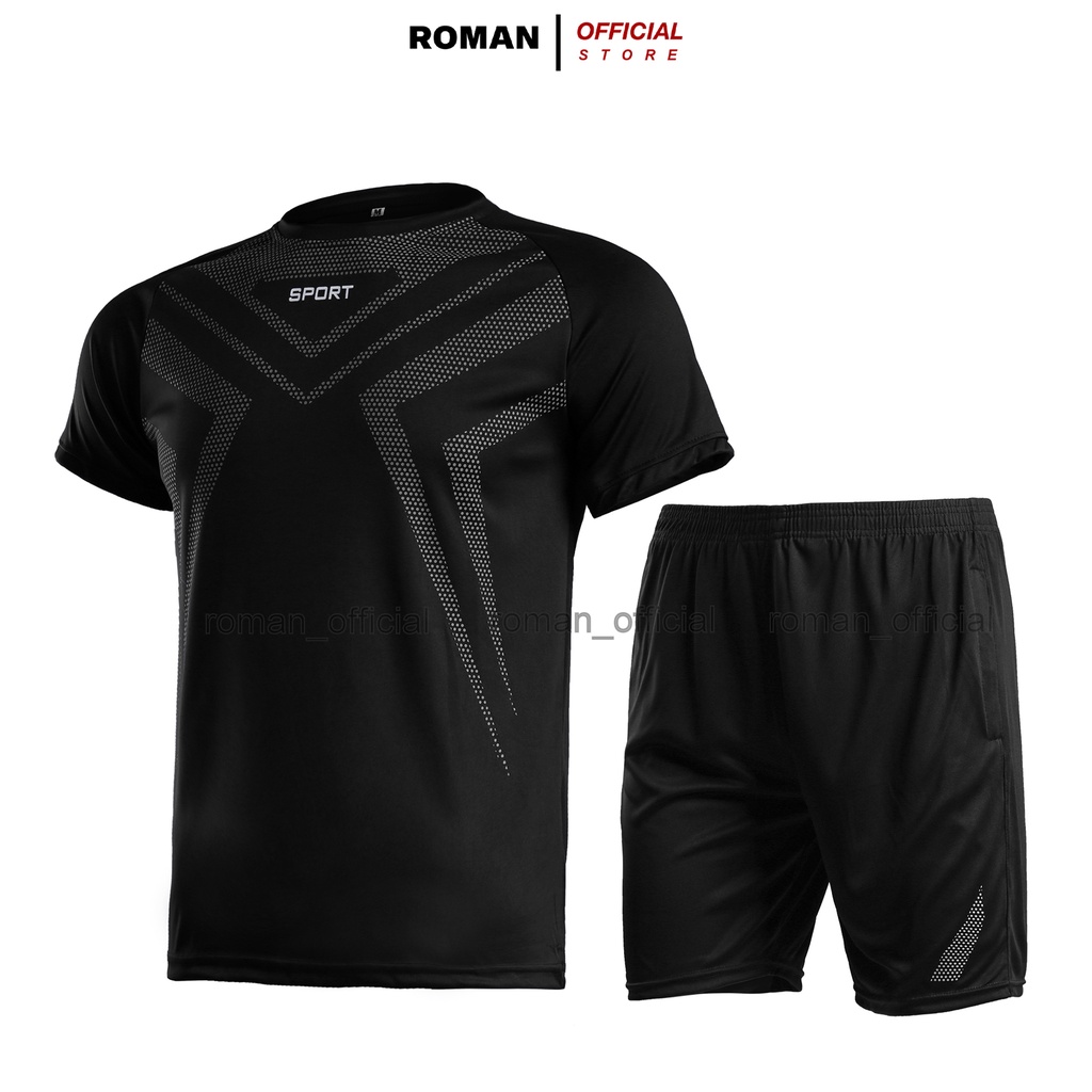 Bộ thể thao nam hè ROMAN quần áo cộc tay cổ tròn vải thun lạnh co giãn thoáng mát B03