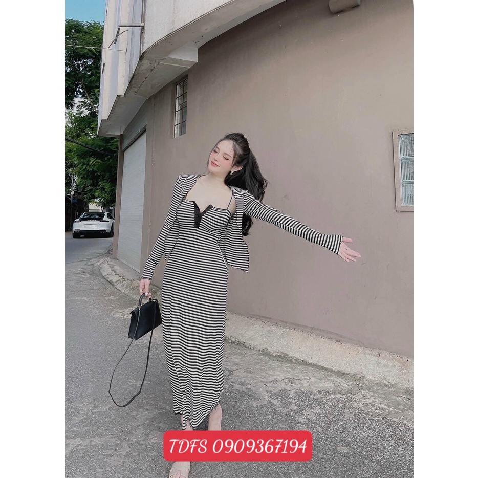 Set đầm body 2 dây kẻ sọc phối nút cài ngực Form dài chất thun co giãn + Áo khoác dài tay