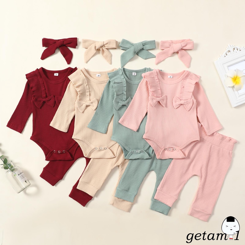 Bộ áo liền quần tay dài phối nơ trước + quần dài + băng đô đáng yêu cho bé gái