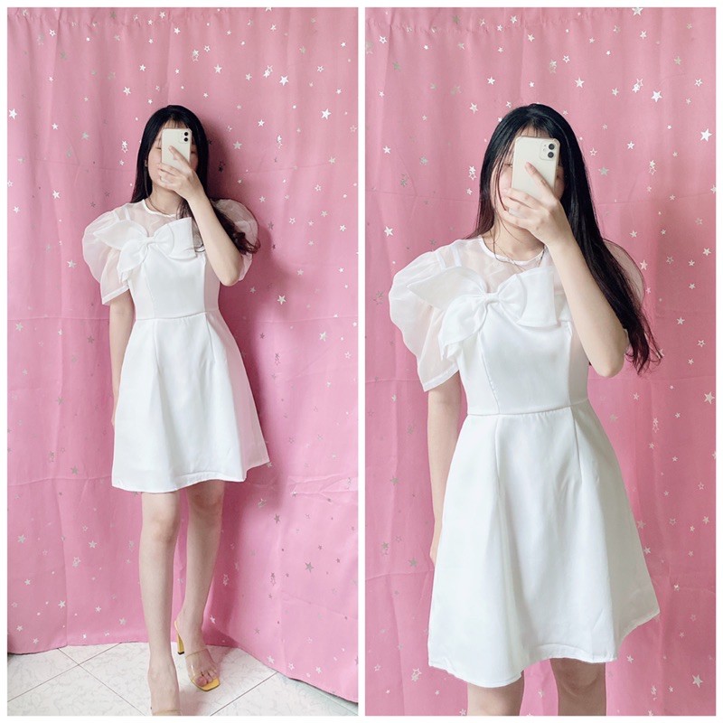 Đầm xoè phối vải kính nơ to đẹp có hình thật sau