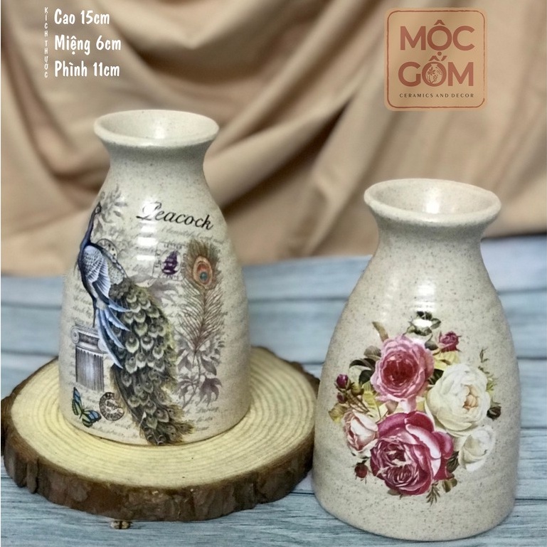Bình gốm sake cắm hoa men tiêu Bát Tràng để bàn đẹp - Mộc Gốm ( DECAL HỌA TIẾT NGẪU NHIÊN) MG29