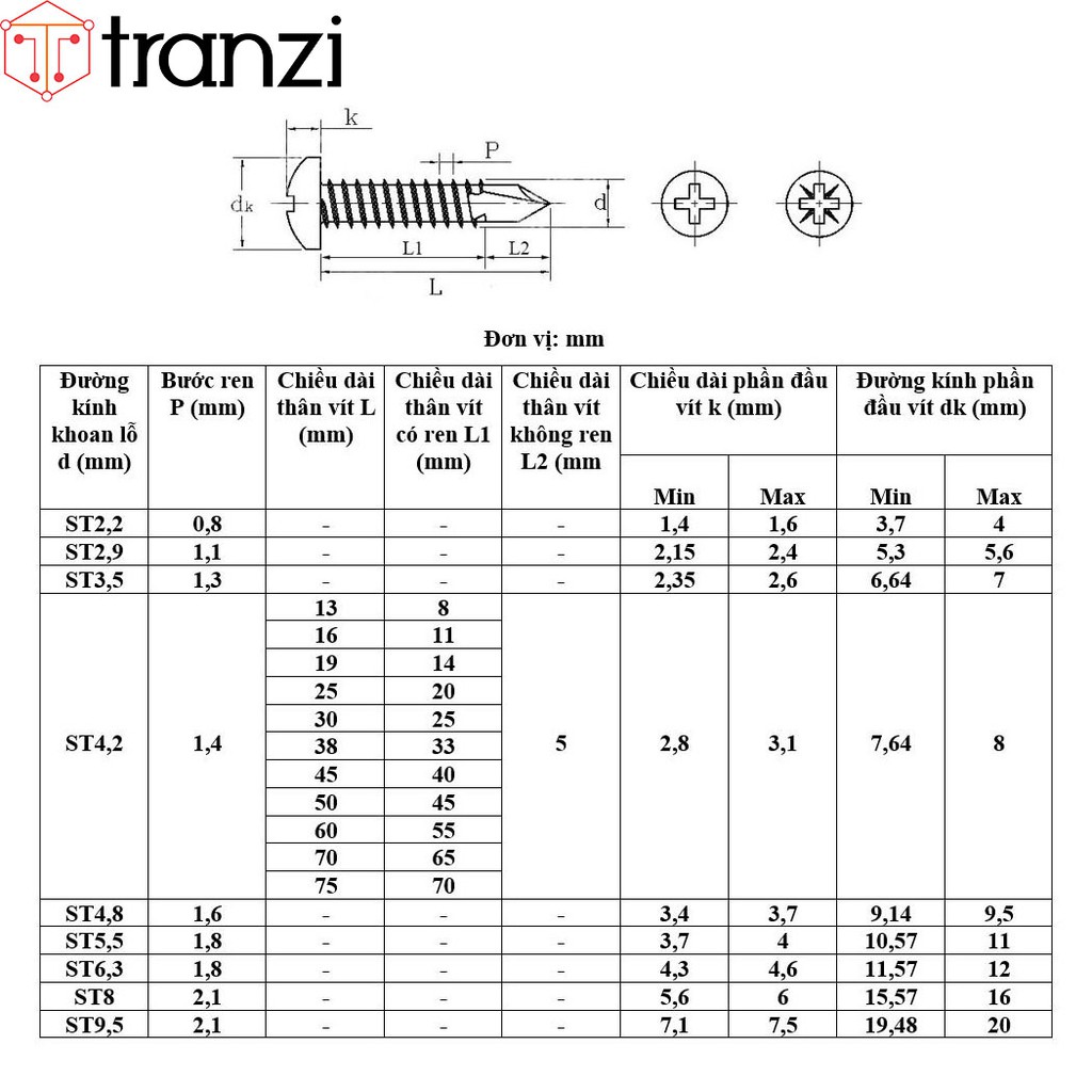 Vít tự khoan bake đầu cầu inox 304 ST4,2