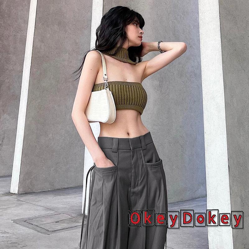 Quần ống rộng Màu Trơn Phối Túi Phong Cách Đường Phố Cá Tính Cho Nữ