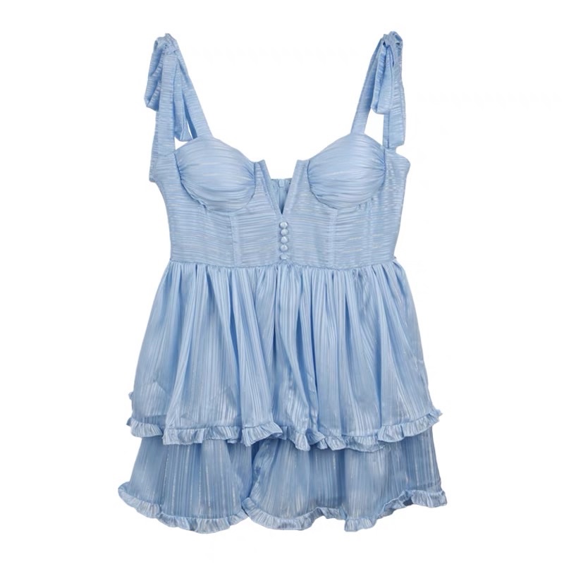 Đầm 2 dây cột nơ vai 2 tầng nhún bèo 3 màu