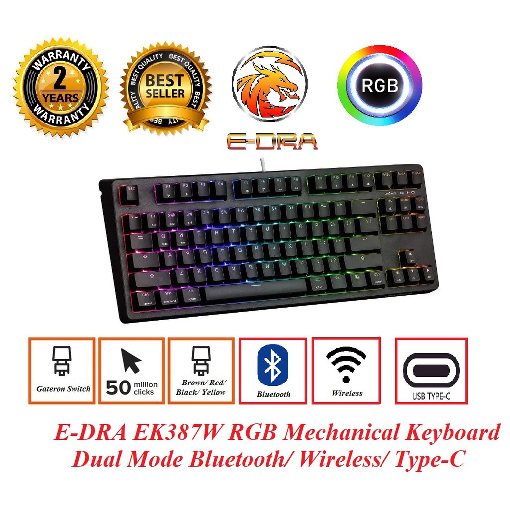 Bàn phím cơ không dây E-DRA EK387W RGB Dual Mode Bluetooth/ Wireless, Type-C - Hàng chính hãng