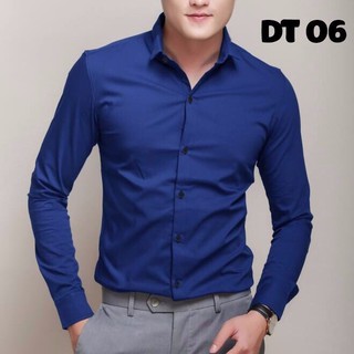Áo sơ mi nam xanh đậm trơn lụa không nhăn hàn quốc