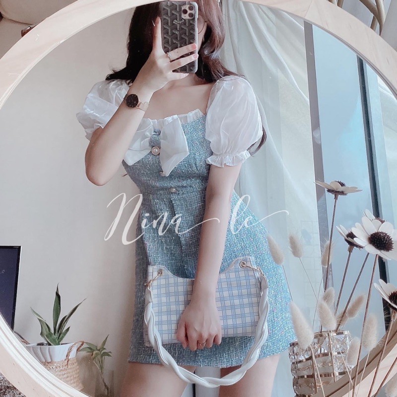 ĐẦM XANH DẠ PHỐI TRẮNG |hàng thật sản phẩm quay clip|