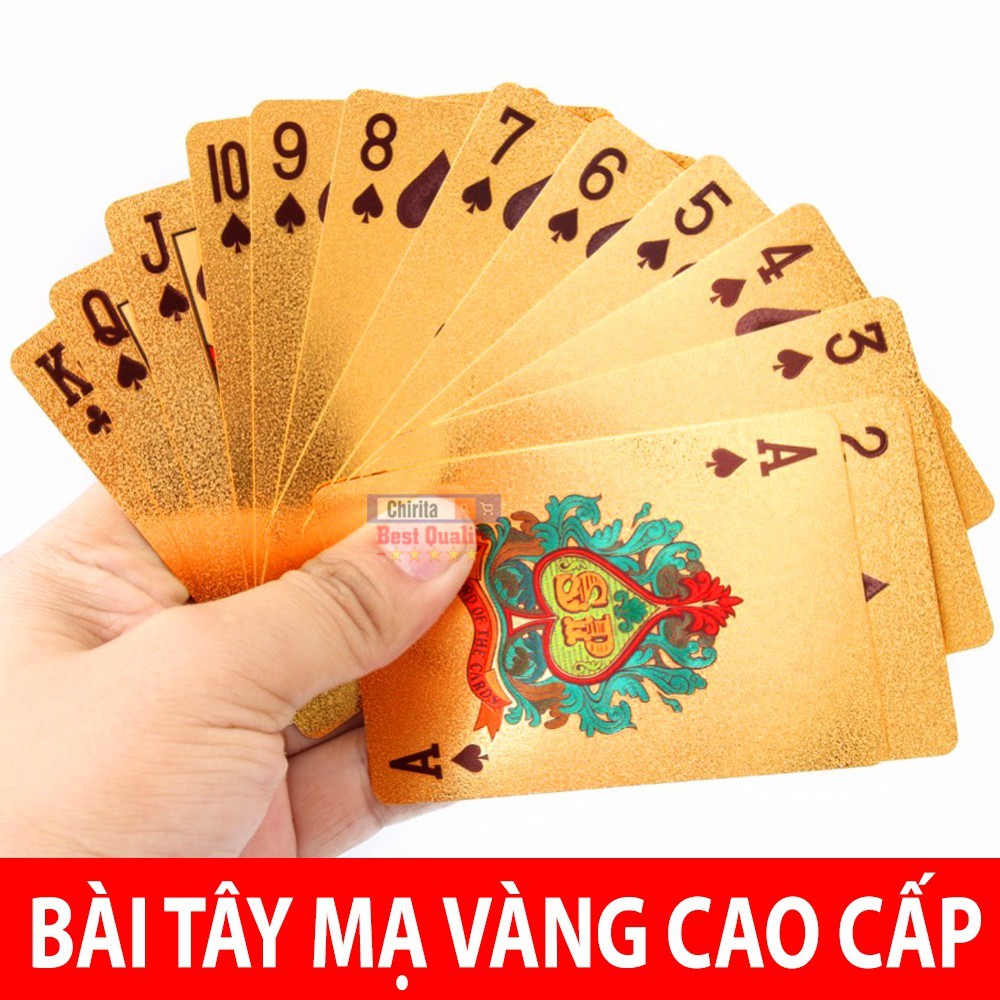 Bộ bài mạ vàng 24K cao cấp thiết kế sang trọng, bề mặt bóng loáng bề dày 0.3mm gồm 52 lá bài/bộ (hộp) + 2 lá bài lót