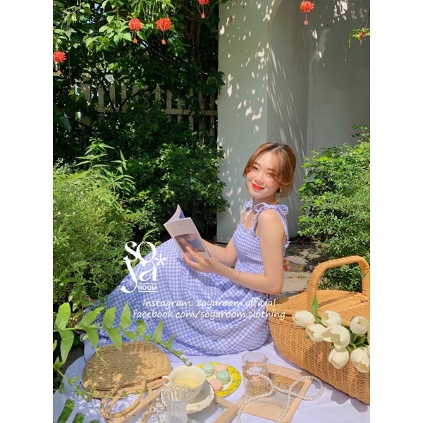 Đầm Caro hai dây nơ, xoè tầng cực tôn da không nhăn - Baby Blue Dress