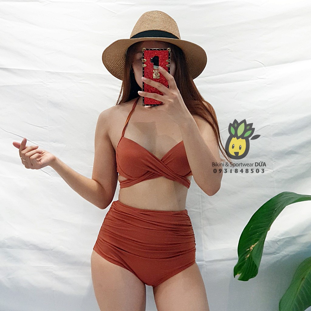 Bikini 2 mảnh cạp cao màu cam đất che bụng | BigBuy360 - bigbuy360.vn