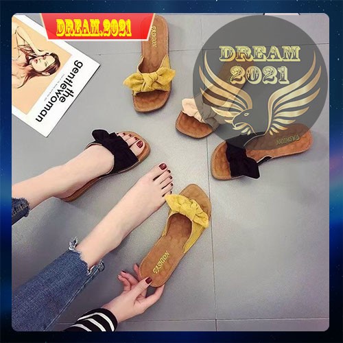 Dép Nữ quai mềm có nơ 3 màu Vàng Hồng Nhạt Đen cực đẹp hàng trung