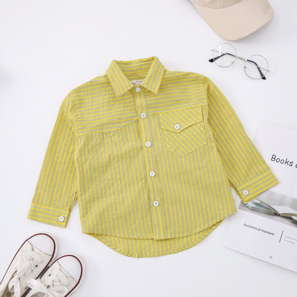 [25.6 GIẢM 40K ĐƠN 299K] Áo sơ mi bé trai ILABY kẻ dài tay túi ngực chất liệu thô cotton thoáng mát [22IB09600622]