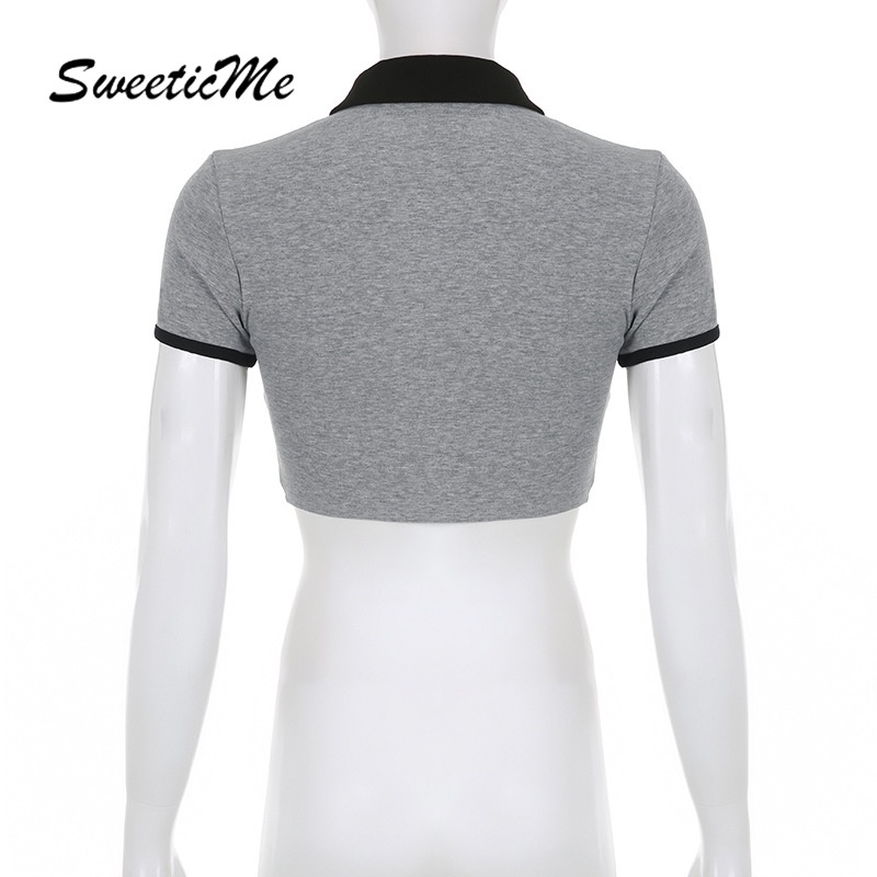 Áo Sơ Mi Cổ Polo Cài Một Hàng Nút Màu Sắc Tương Phản Phong Cách Preppy   Cho Nữ