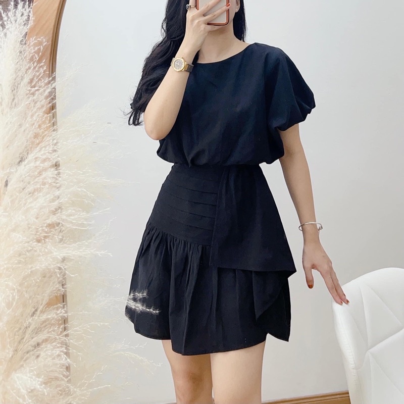 S0616 Set áo eo chun và chân váy nhún bèo hông