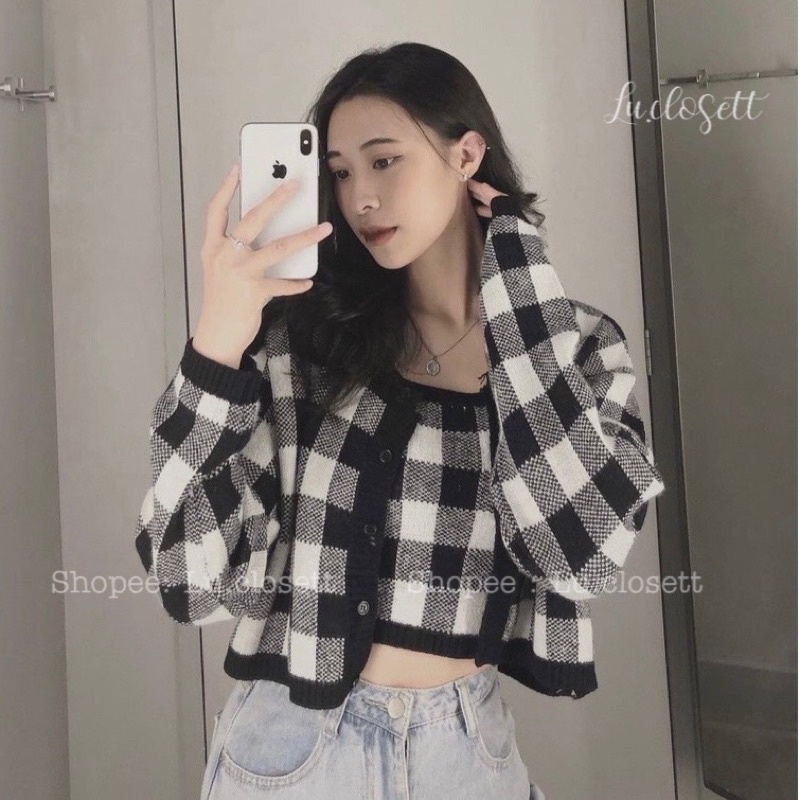 Set áo khoác cardigan len kèm áo 2 dây croptop hoạ tiết kẻ ô phong cách ulzzang LU.CLOSETT