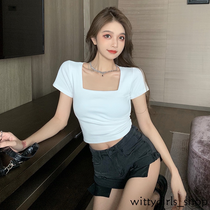 Wittygirls_ Shop | Áo Thun Lửng Ngắn Tay Cổ Vuông Lưng Cao Thời Trang Nữ