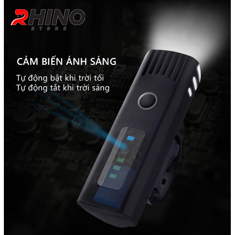 Đèn Pin xe đạp siêu sáng cảm biến thông minh, chống nước Rhino L101 pin sạc, hàng chính hãng