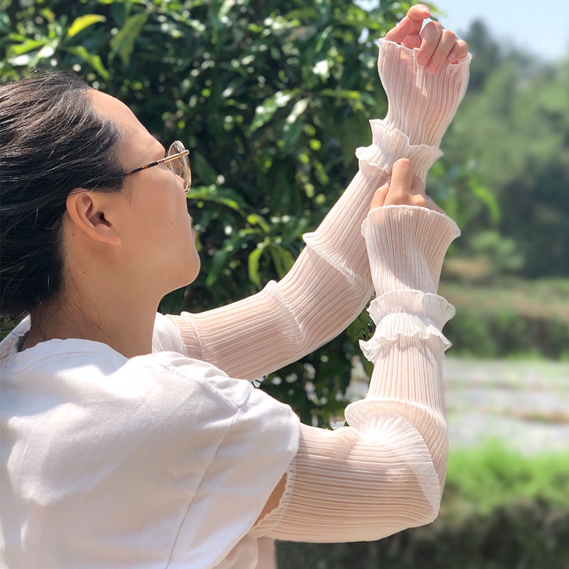 Găng Tay Chống Nắng Vải Lụa Lạnh Mỏng Phối Ren Thời Trang Mùa Hè Cho Nữ