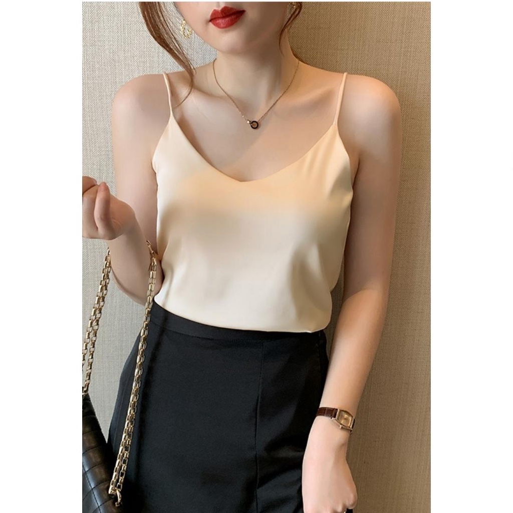 Áo hai dây lụa MACDOME cổ tim thiết kế chất lụa satin cao cấp mặc trong vest, blazer AD002
