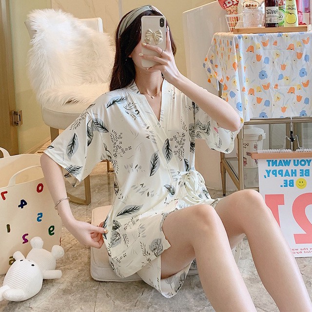 Mẫu mới về Bộ đồ ngủ quần cộc áo yukata đồ mặc nhà Bộ Pijama Nữ Dây Eo Cộc