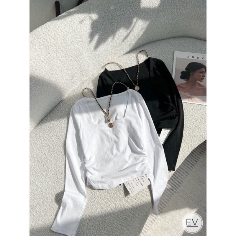 Áo thun cổ vuông dây xích tay dài vải cotton 100%