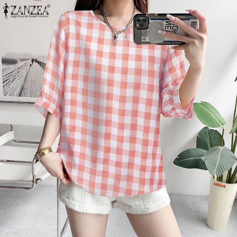 Zanzea Áo Kiểu Tay Lỡ 3 / 4 Họa Tiết Ca Rô Phong Cách Hàn Quốc Dành Cho Nữ