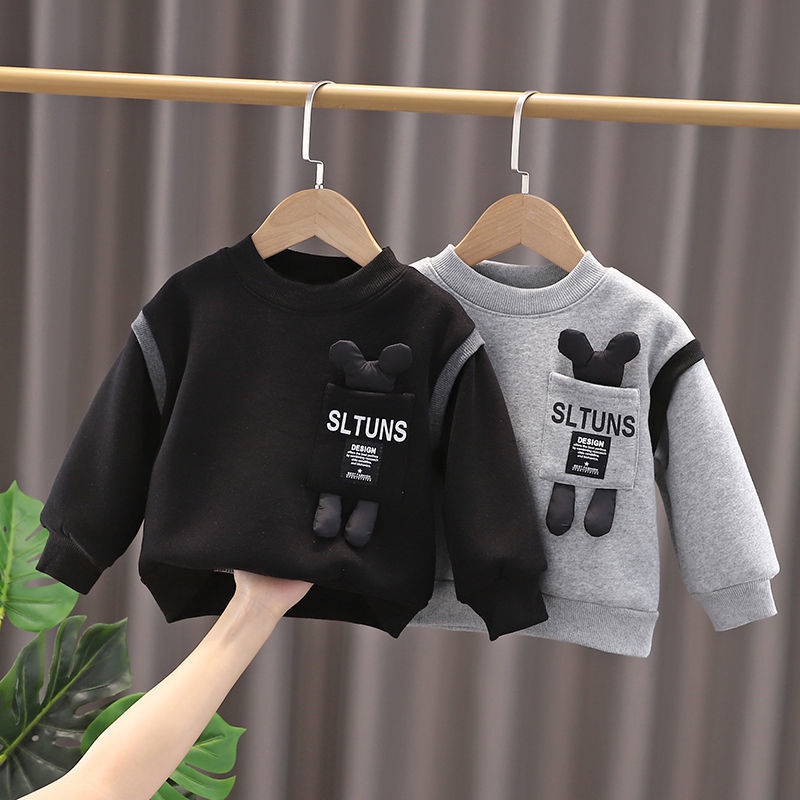 Áo hoodie lót nhung mùa đông cho bé trai áo chui đầu dày dặn hoạt hình cho bé trai và bé gái giả hai chiếc