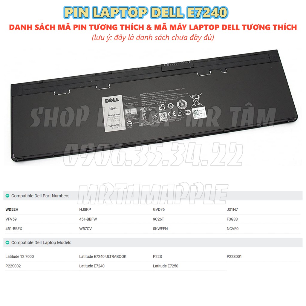 Pin Laptop DELL E7240 (ZIN) - 4 CELL - Latitude 12 7000 E7240, GVD76 HJ8KP NCVF0 WD52H