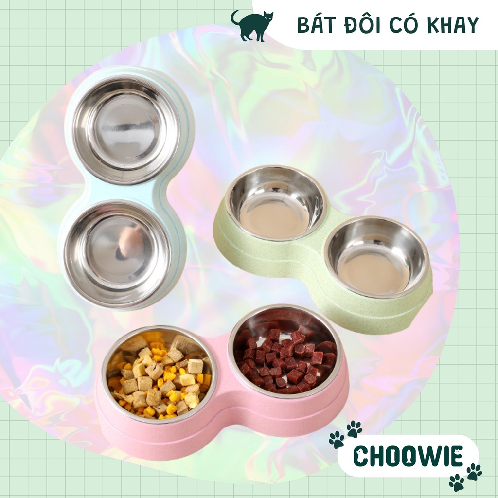 Bát ăn đôi có khay inox rời CAO CẤP dành cho thú cưng | Phụ kiện chó mèo