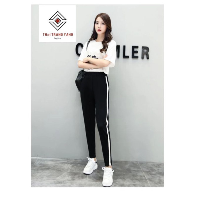 Quần jogger nữ dây rút chất vải UMI màu đen phối 1 sọc trắng co dãn 4 chiều Quần thể thao nữ dài mặc tập gym yoga đi học